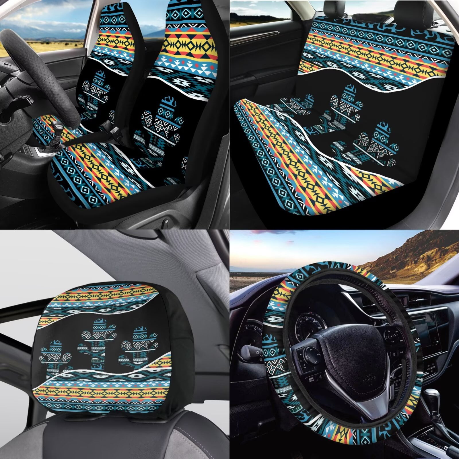 Garronmavis Aztec Cactus Pattern Universal Polyester Car Seat Covers Full Set Steering Wheel Cover Gear Shift Cover Handbrake Cover Headrest Cover Cup Coasters for Accessories Interior Sets