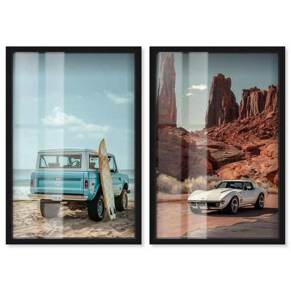 Classic Cars 2 Panel Set Shadowbox Print Travel Photography by Art Remedy, Black Frame, 10 x 15