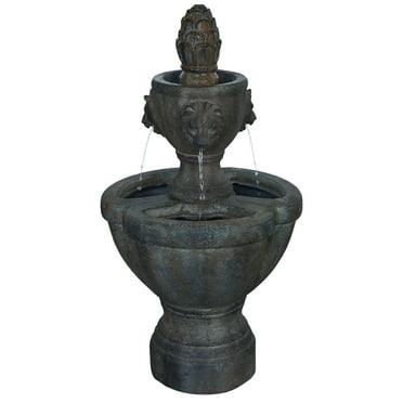 Pure Garden Outdoor Water Fountain – 32” Polyresin 2-Tier Lawn Décor with Lion Head & Pump, Brown/Gray