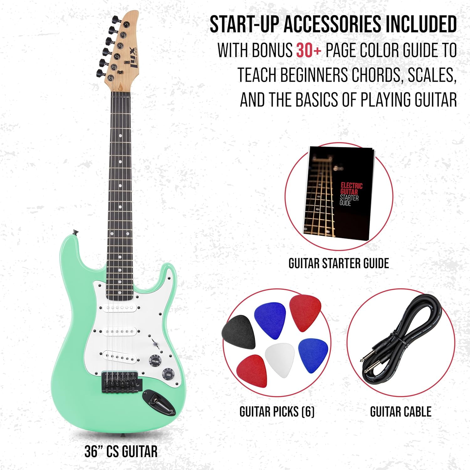 LyxPro CS 36” Beginner Electric Guitar Kit with Amp Cable, 6 Picks & Learner’s Guide - Green