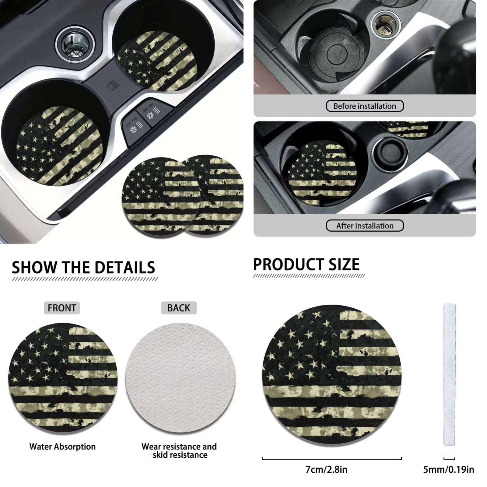 Garronmavis American Flag Comouflage Car Seat Covers Full Set 11 Pcs for Sun Protection with Cars Headrest Protectors+Lanyards Key Ring+Auto Cup Coaster+Handbrake Gear+Shift Knob Cover