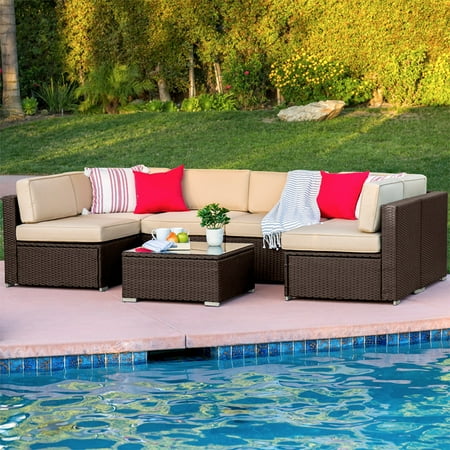 Best Choice Products 7-Piece Modular Outdoor Patio Furniture Set, Wicker Sectional Conversation Sofa w/ 6 Chairs, Coffee Table, Weather-Resistant Cover, Seat Clips, Minimal Assembly Required - (Best Oil For Outdoor Furniture)