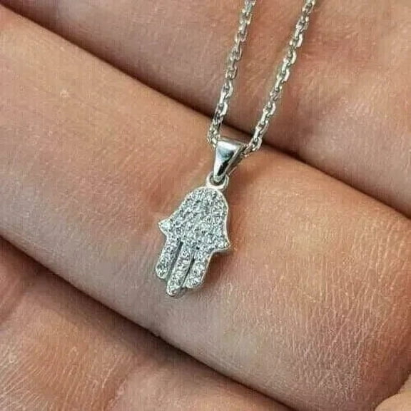 1.00 Ct Round Cut Lab Created Diamond Hamsa Hand Tiny Pendant 14k White Gold Plated Silver