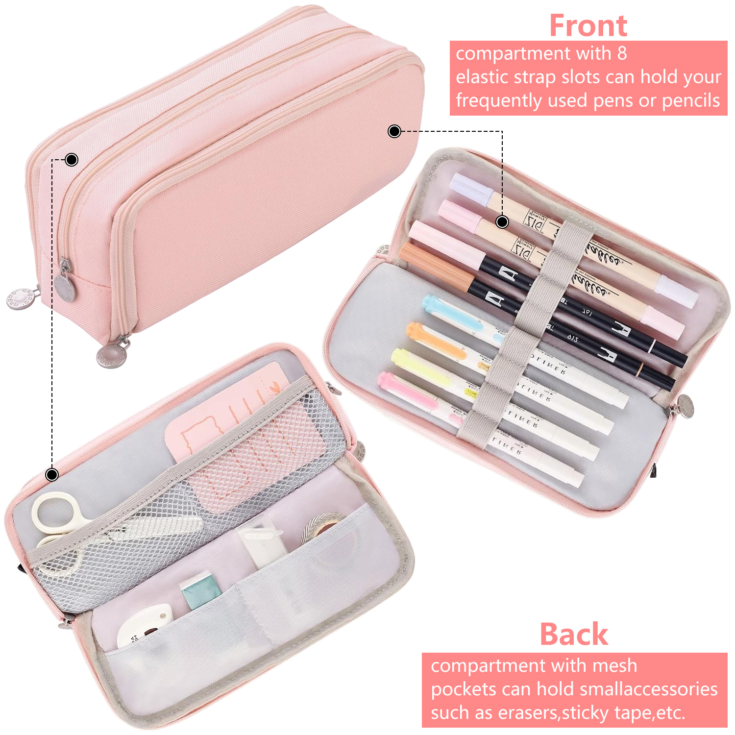 Rirool Large Capacity Pencil Case, 3 Compartments, Pink photo 7