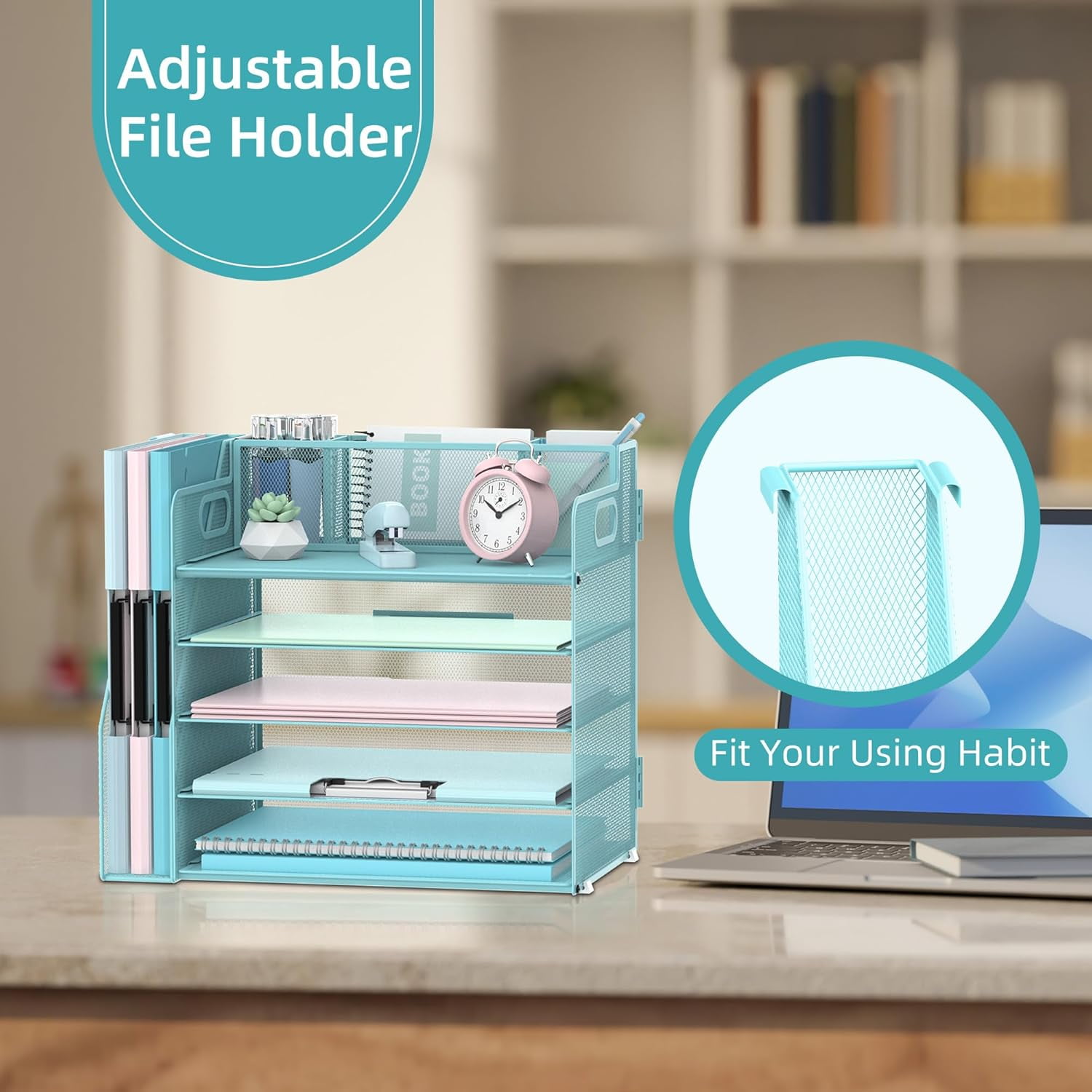 INTIGE 5-Tier Desk Organizer with 3 Pen Holders, Desktop Organizer with Magazine File Holder, Mesh Office Accessories and Pen Tray for File Organization