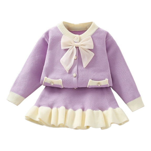 adviicd Girls Skirt Set Girl's Two Piece Outfits Crew Neck Long Sleeve Blouse and Skirt Set (Purple,4-5 Years)