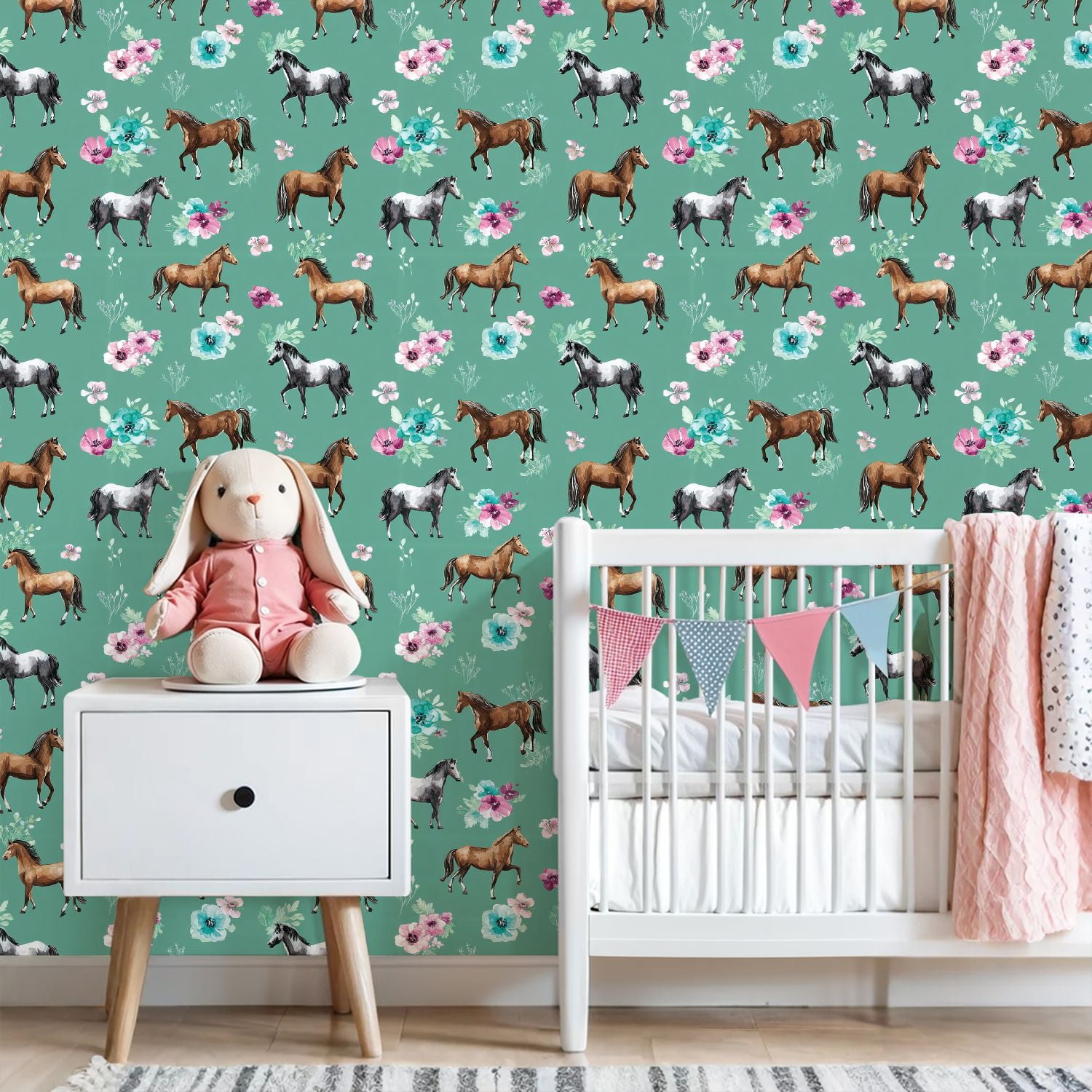 Western Peel and Stick Wallpaper Elegant Horses Floral Green Wall Mural 23.6in x 9.8ft Self Adhesive Removable Wall Paper Renter Friendly Wallpaper for Nursery Bedroom Cabinets