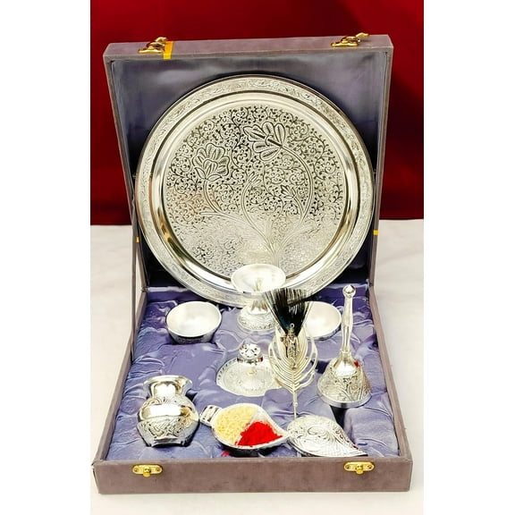 German silver Pooja set with flute Krishna Tilak stick for housewarming pooja/ festivals