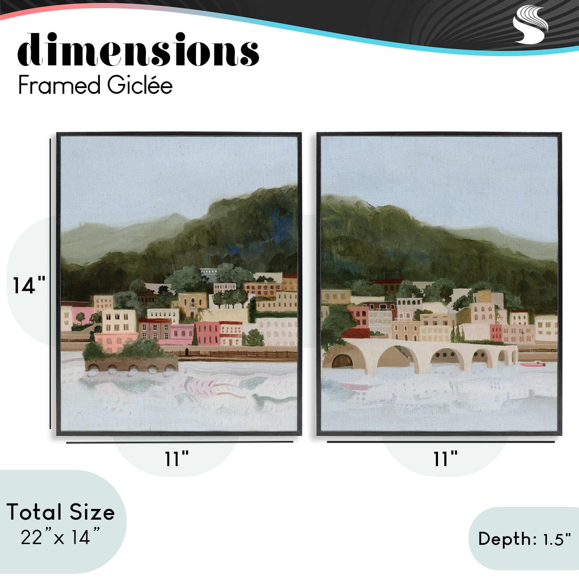Stupell Industries Mountain Town by Sea 2 Piece Black Framed Giclee Art Set, design by Grace Popp