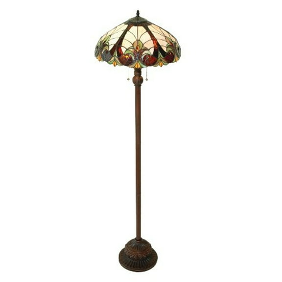 HomeStock Victorian Style 2 Light Floor Lamp with Stained Glass Shade, Handcrafted Bronze Finish, Pull Chain Switch, 18" Diameter Shade, 63" Tall, Elegant Design