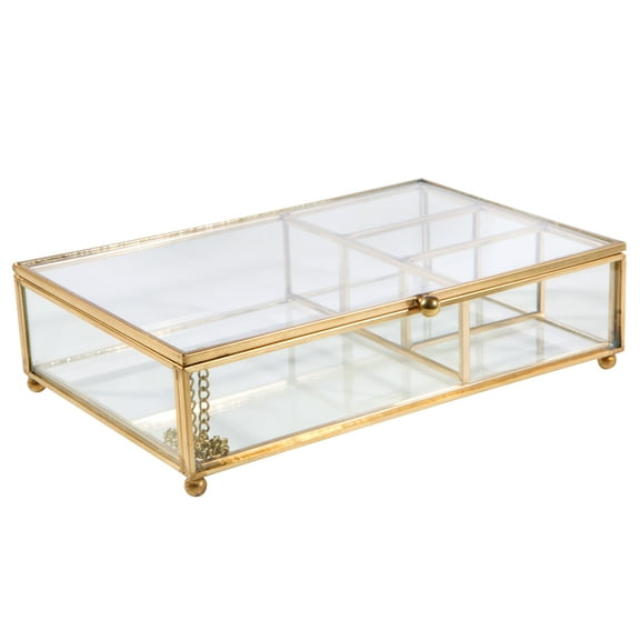 Home Details Vintage 4 Compartment Glass Unisex Cosmetic & Jewelry Keepsake Box in Gold