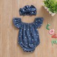thumbnail image 2 of Qiylii Baby Girl Denim Bodysuit Off Shoulder Peach Heart Print Romper+Headband, 2 of 8