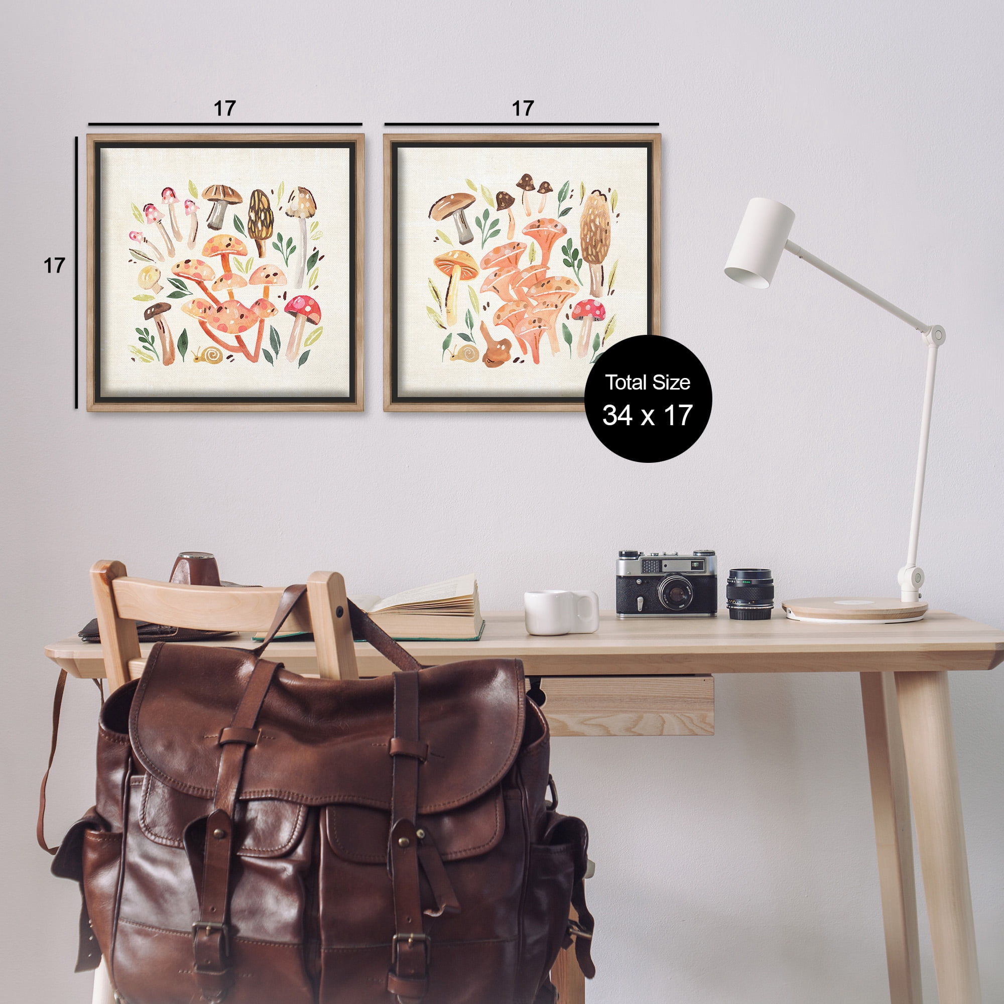 Stupell Industries Mushroom & Leaves Pattern Botanical & Floral Painting Brown Floater Framed Canvas Art Print Wall Art, 18 x 18, Set of 2