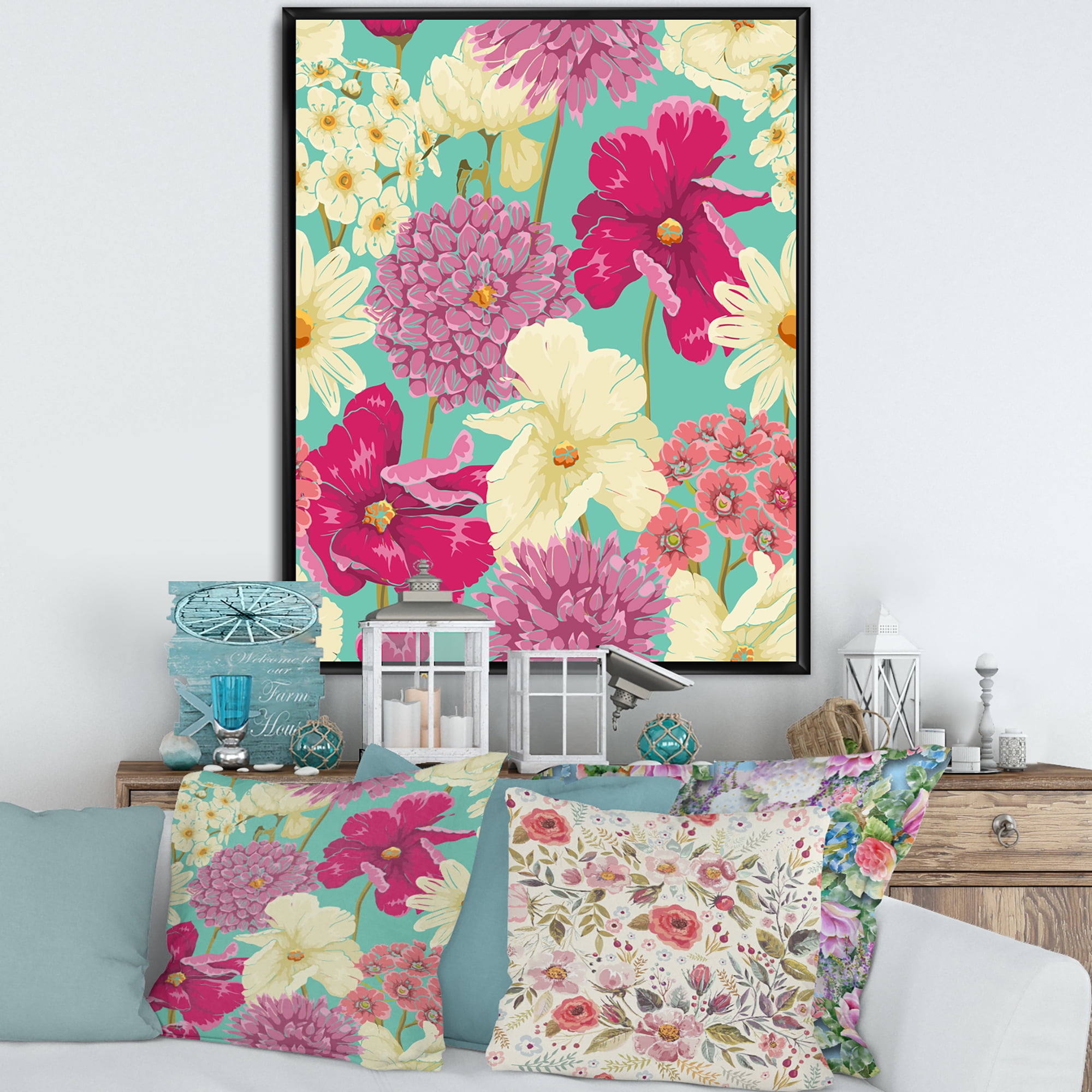 Designart 'Vintage Yellow and Pink Flowers' Traditional Framed Canvas Wall Art Print