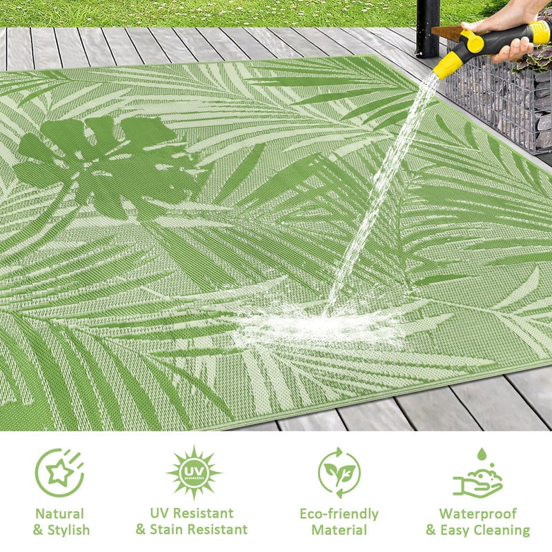 Aonewoe Outdoor Rug 9x12 Waterproof Reversible Plastic Straw Camping Rugs for Outside RV, Indoor Outdoor Area Rugs for Patio,Deck,Porch,Balcony, Light Green & White