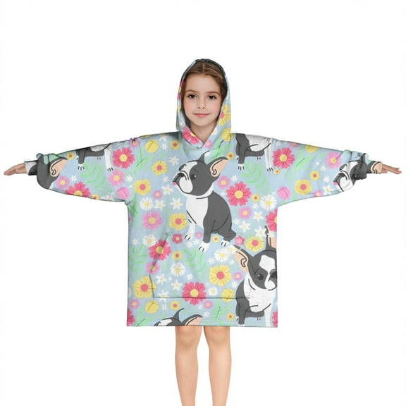Boston Terriers and Flowers Blanket Hoodies for Kids 6-13YR Oversize Wearable Blanket Hoodies for Boys Girls Teens