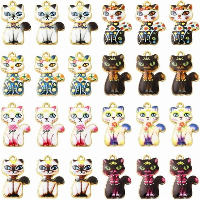 1 caja de 32 dijes de gato de 8 colores, a granel, lindos dijes de gatito, aleación de esmalte, impresión de gatos, animales pequeños, mascotas, mini dijes