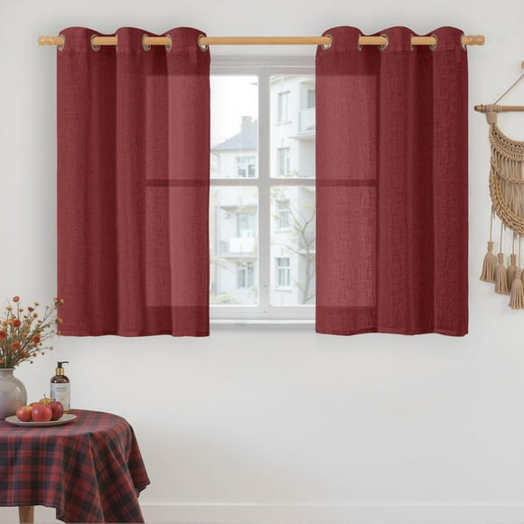 Cortinas LAMIT de lino rojo burdeos, 86 x 102 cm, semitransparente, 2 paneles