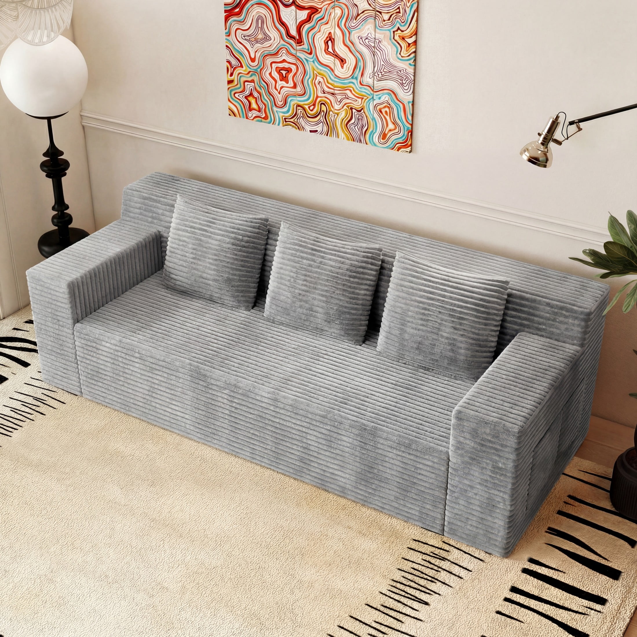 Aukfa 71" 3-Seater Modular Sofa, Corduroy Deep Seat Couch, No Assembly Comfy Sofa for Living Room, Bedroom, Apartment, Light Gray