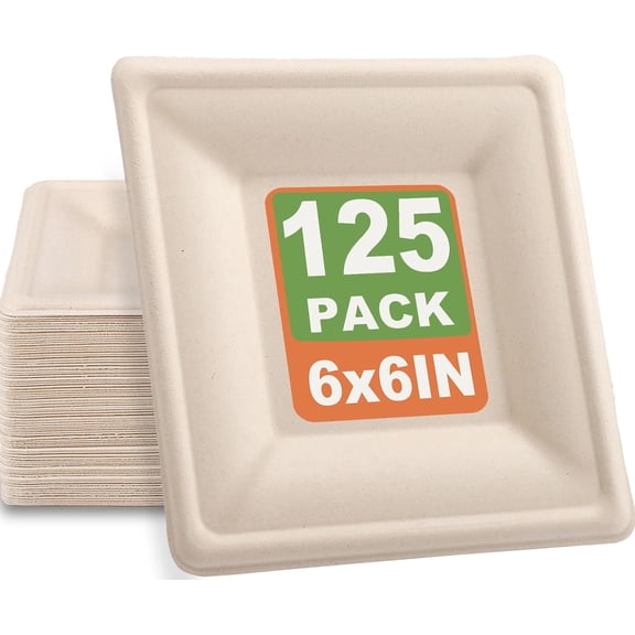 125 Pack Compostable Square Plates,6 Inch Disposable Paper Plate,Heavy Duty Square Paper Plates,Biodegradable Bagasse Plate for Party Picnic Dessert,Natural Brown