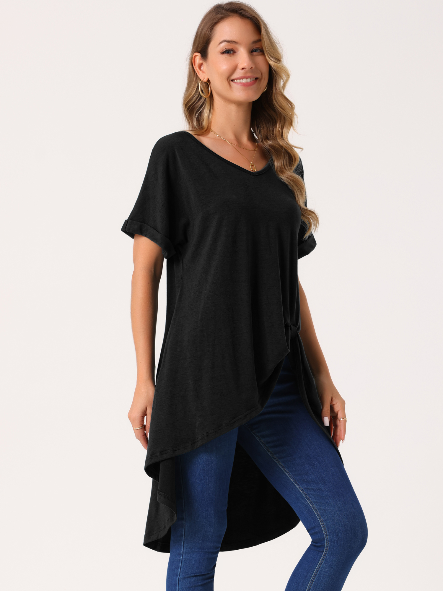 DARING DIVA Women's Short Sleeve High Low Tops Waist Knot Dressy Blouse Black M