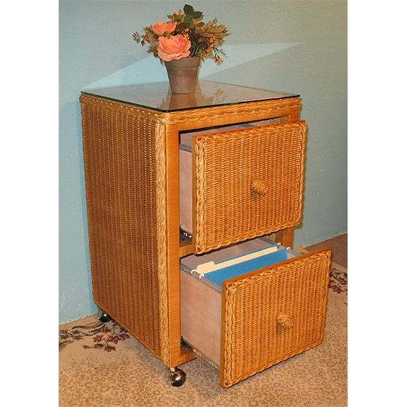 Wicker File Cabinet 2 Drawers with Glass Top, Caramel