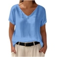 thumbnail image 3 of Pxxlle Summer T Shirts for Women Loose Fit V Neck Linen Shirt Solid Color Short Sleeve Basic Tees Blue L, 3 of 6