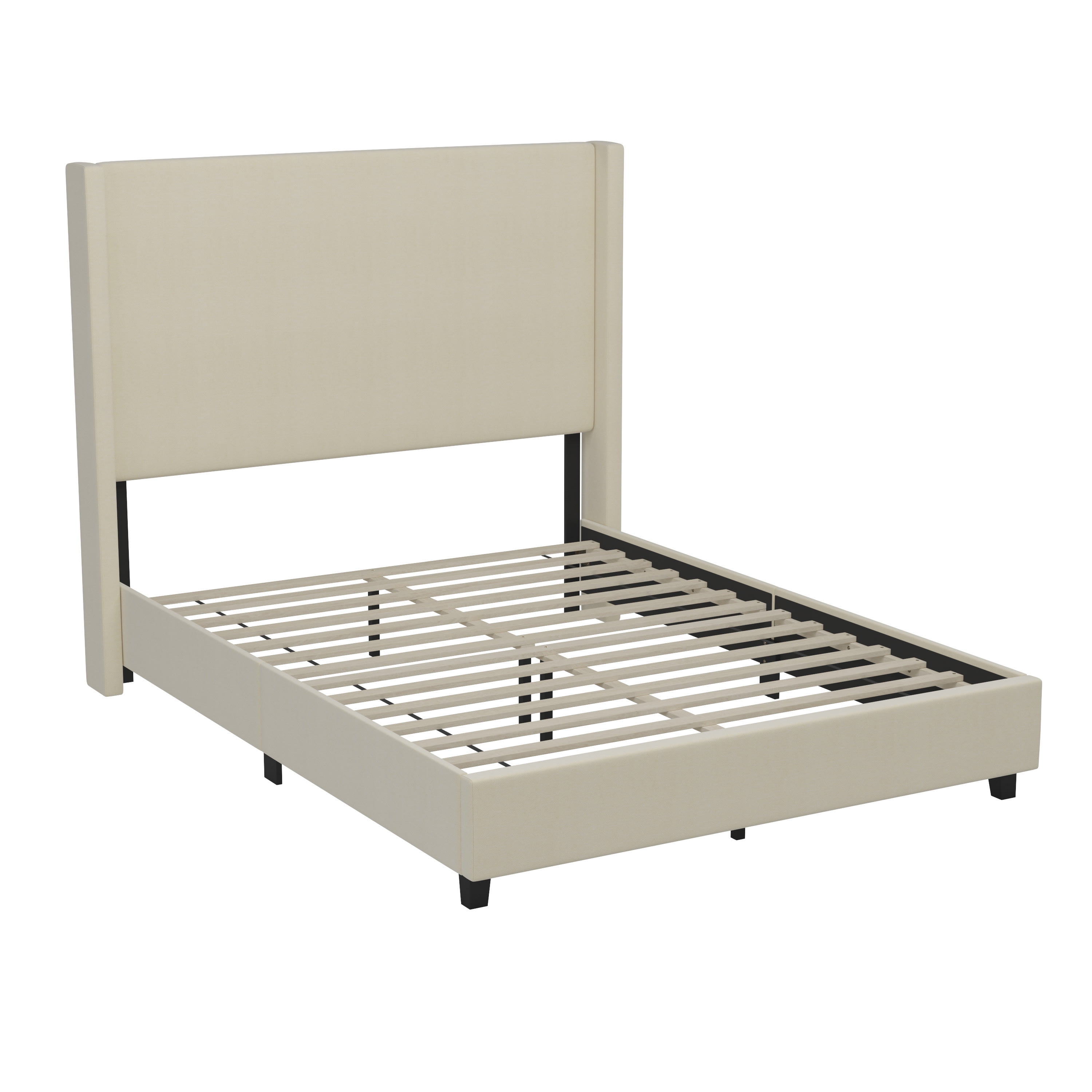 Merrick Lane Modern Platform Bed with Upholstered Wingback Headboard, Queen Size, Beige