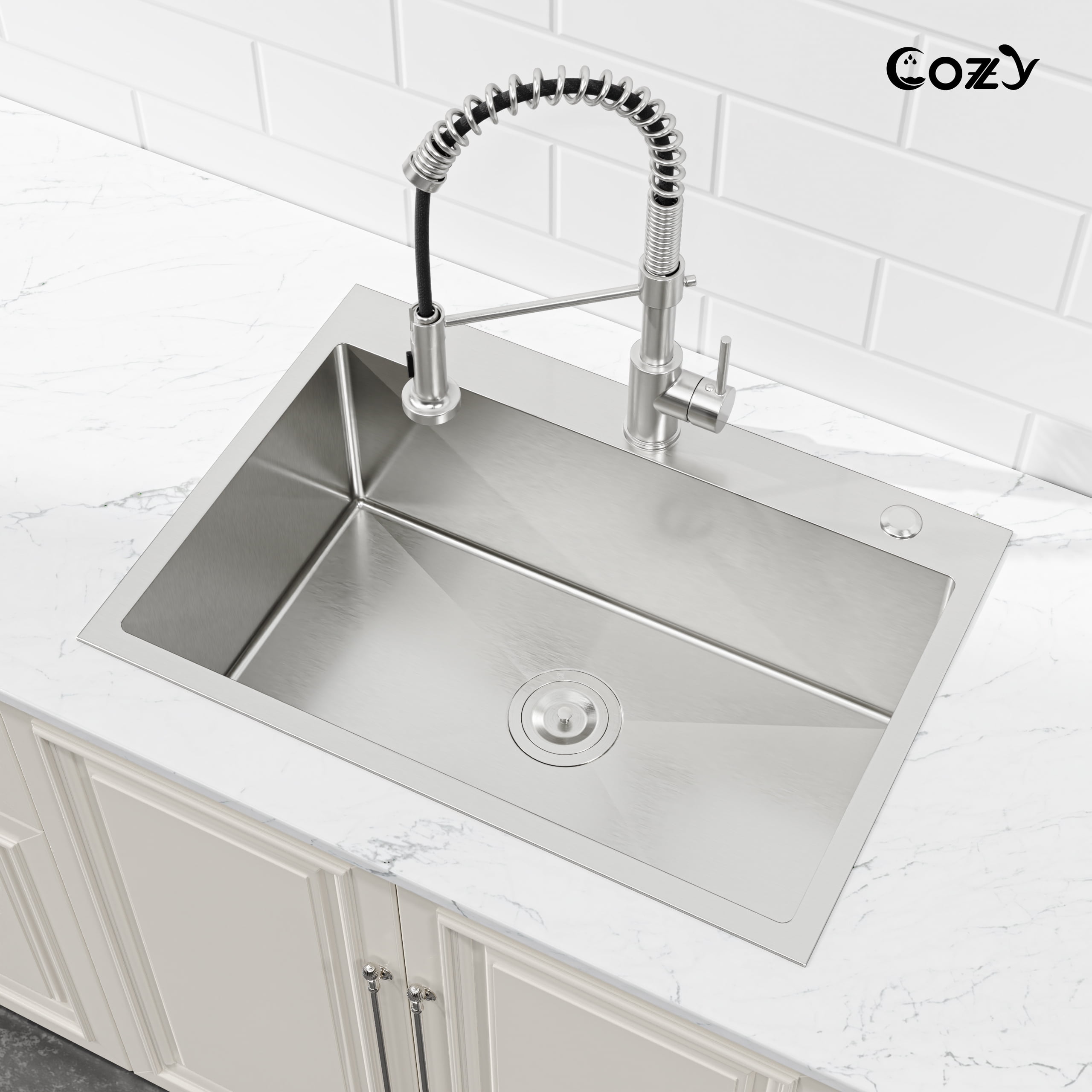 Stainless Steel Single Bowl Kitchen Sink 27x19 inch, 1-Piece Overmount Brushed with US Drain & Hook, SS-BR02D-271908