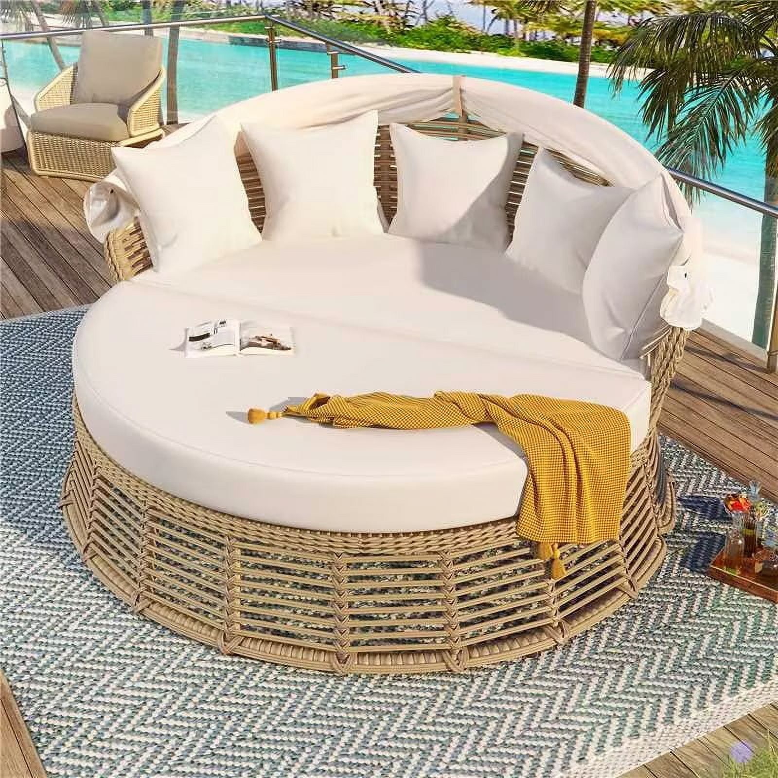 Outdoor Round Daybed, Rattan Frame with Retractable Canopy and Removable Cushions for Backyard Porch, Beige