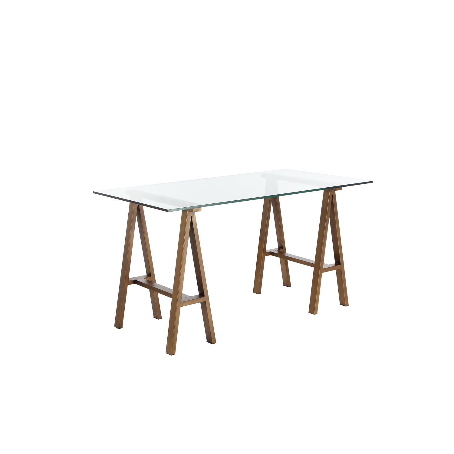 Benzara Rectangular Glass Top Desk with Metal Sawhorse Style Legs