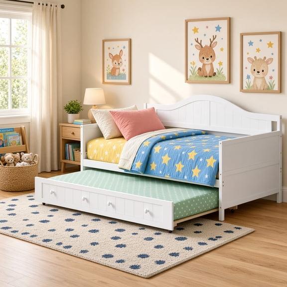 Twin Solid Wood Daybed with Drawer Rolling Trundle, Multi-Purpose Sofa Bed with Curved Headboard & Guardrail, No Box Spring Needed for Guest Room Apartment, White