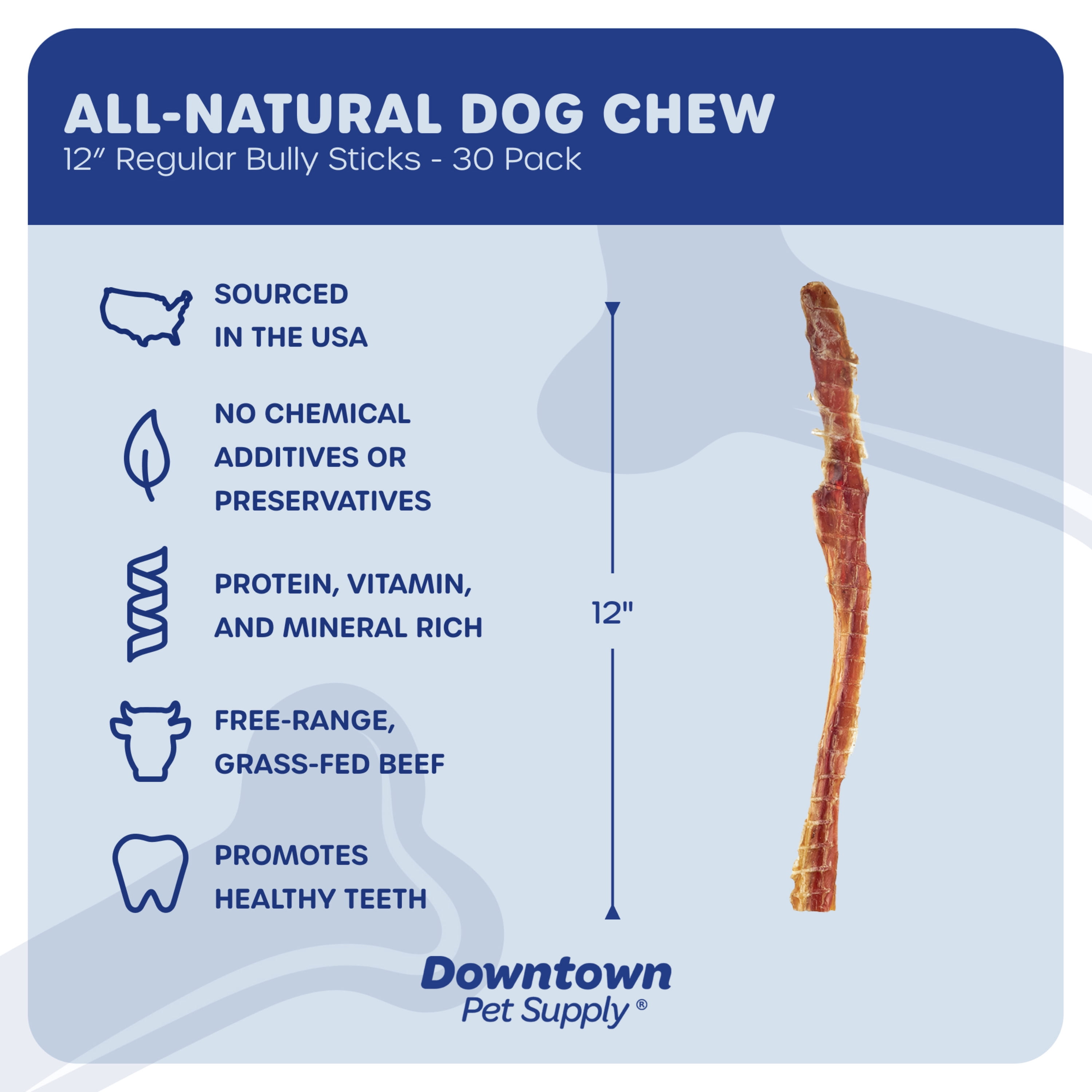 Downtown Pet Supply Bully Sticks For Dogs Free Range Dog Chews 12", 30 Pack Odor Free