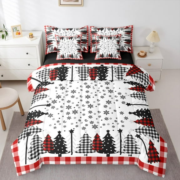 Manfei Kids Happy Christmas Twin Bedding Sets 7-Piece, Buffalo Xmas Tree Bedding Comforter Set, Cartoon Snowflake Print Reversible Sheet Sets, Super Cozy Room Decor