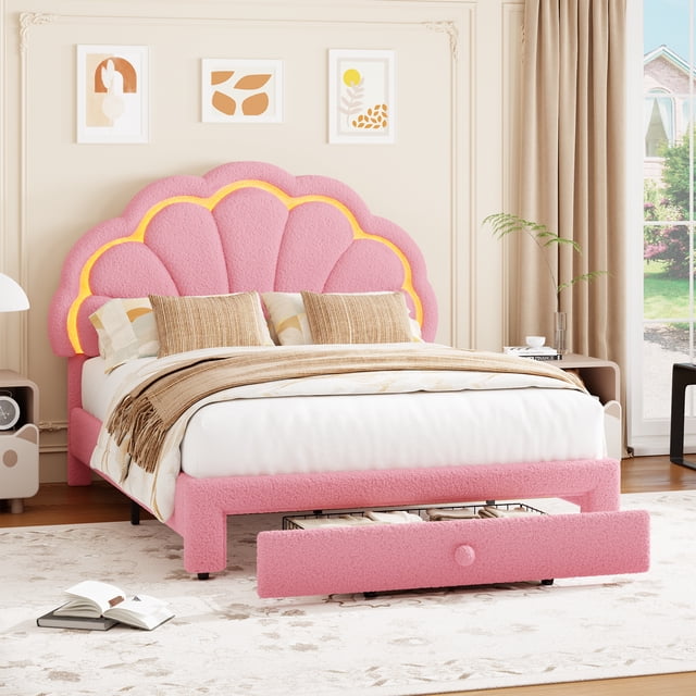 Full Upholstered LED Bed Frame - with Storage Headboard & Storage Drawer, Berber Fleece Princess Platform Bed for Kids, Wood Support, No Box Spring Needed, Easy Assembly, Pink