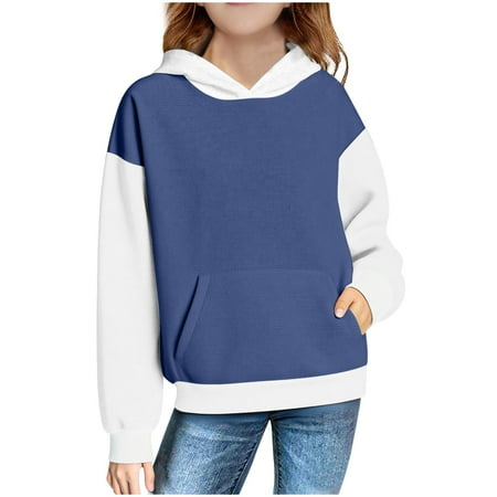 Lenpel Hoodies for Girls Boys Casual Long Sleeve Color Block Textured Knit Hooded Sweatshirts Pullover Sweatshirt Tops with Pocket(Navy 9-10 Years)