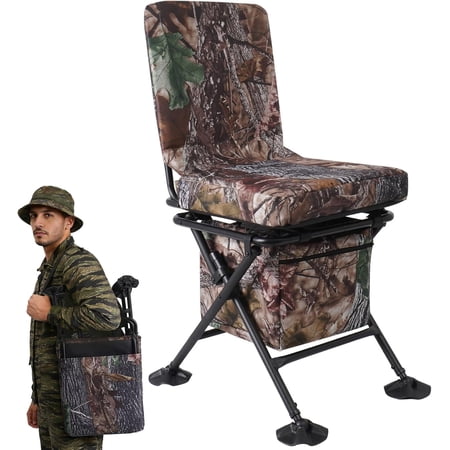 360-Degree Silent Swivel Hunting Chair with Padded Cushion Camouflage Foldable Ground Blind Seat Storage Bag and Tool-Free Portable Design