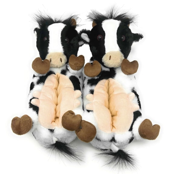 Oooh Geez Kids Funny Animal Fuzzy House Slipper with Grippers for Boys & Girls, Cute Plush Indoor Non-Slip Shoes, Bessie the Cow, Size 1-5