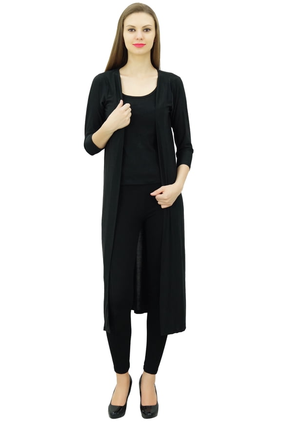 Women Spandex Soft Drape Long Shrug Cardigan 3/4 Sleeve Casual Longline Coverup Black