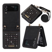 Dteck Samsung Galaxy Z Flip 4 Wallet Case, Slim PU Leather with Bling Diamond RFID Blocking Card Holder Purse Case with Crossbody Shoulder Strap Phone Cover for Samsung Galaxy Z Flip 4, Black