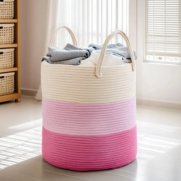 PinkSheep Laundry Basket, Collapsible Woven Cotton Rope Laundry Hamper Storage Baskets with Handles, Ivory & Pink