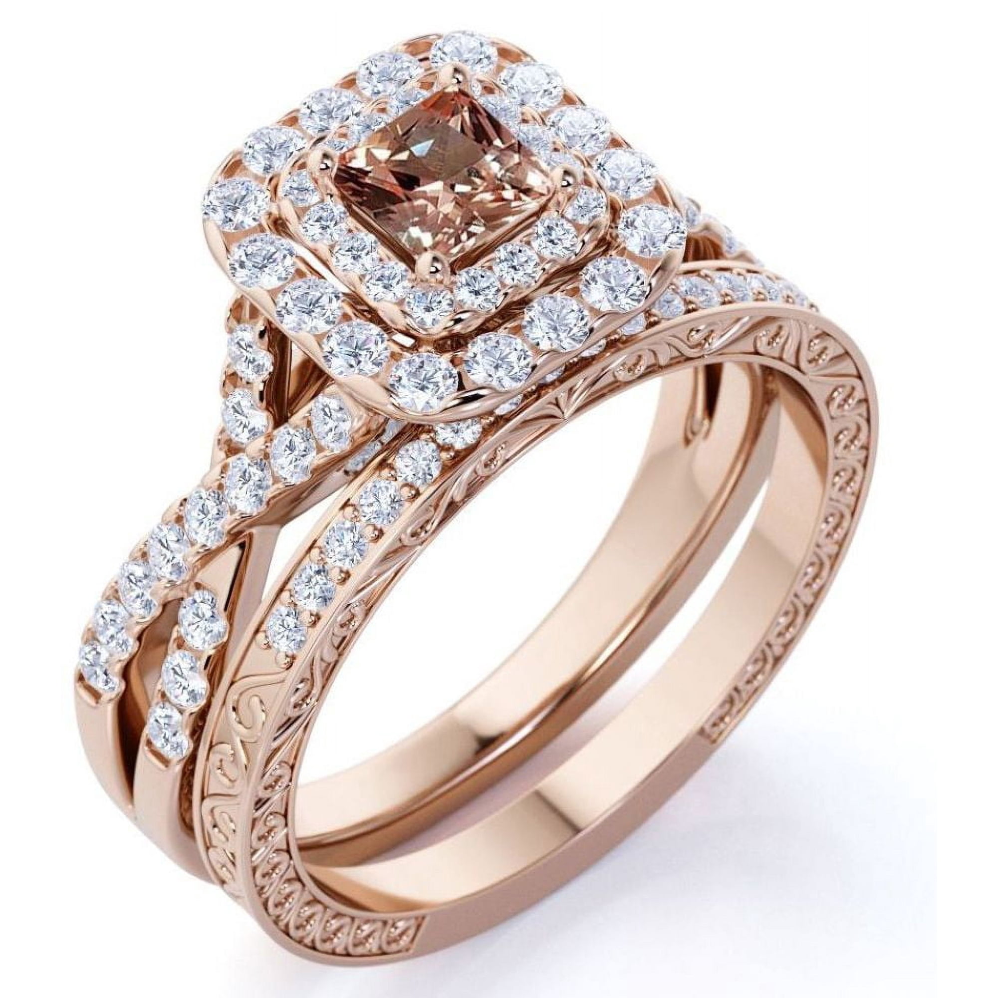 JeenMata 1.25 CT - Princess Cut - Champagne created morganite - Double Halo - Twisted Band - Vintage Inspired - Wedding Ring Set in 18K Rose Gold Plating for Women