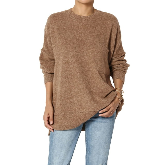 TheMogan Women's PLUS Loose Chest Pocket Long Sleeve Blushed Knit Pullover Sweater