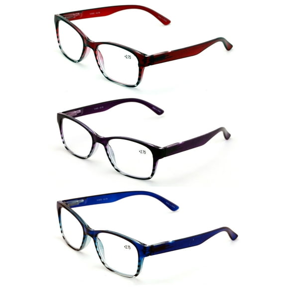 3 Pairs Classic Readers With Spring Hinge - Reading Glasses Magnification Maroon Purple Blue Men Or Women +2.75
