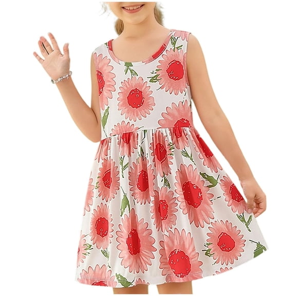 Cethrio Girls Summer Dresses, Mid-length Crew Neck Sleeveless Party Kids Casual Dresses Red Size 6
