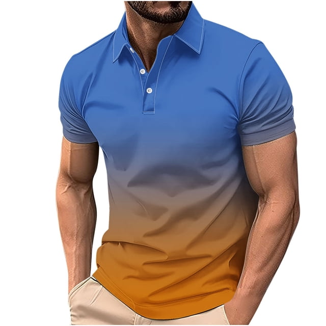 Plebaso Mens Fashion Shirts Gradient Print Short Sleeve T-Shirt Collar Button up Casual Tops Tee for Men