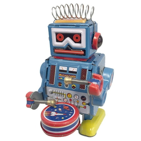 4" Blue and Red Drumming Robot Collectible Wind Up Tin Toy