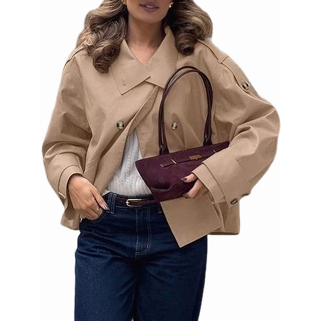 Trench-Coat Court pour Femmes, Veste Courte Décontractée à Double Boutonnage, Mode Automne, Khaki G