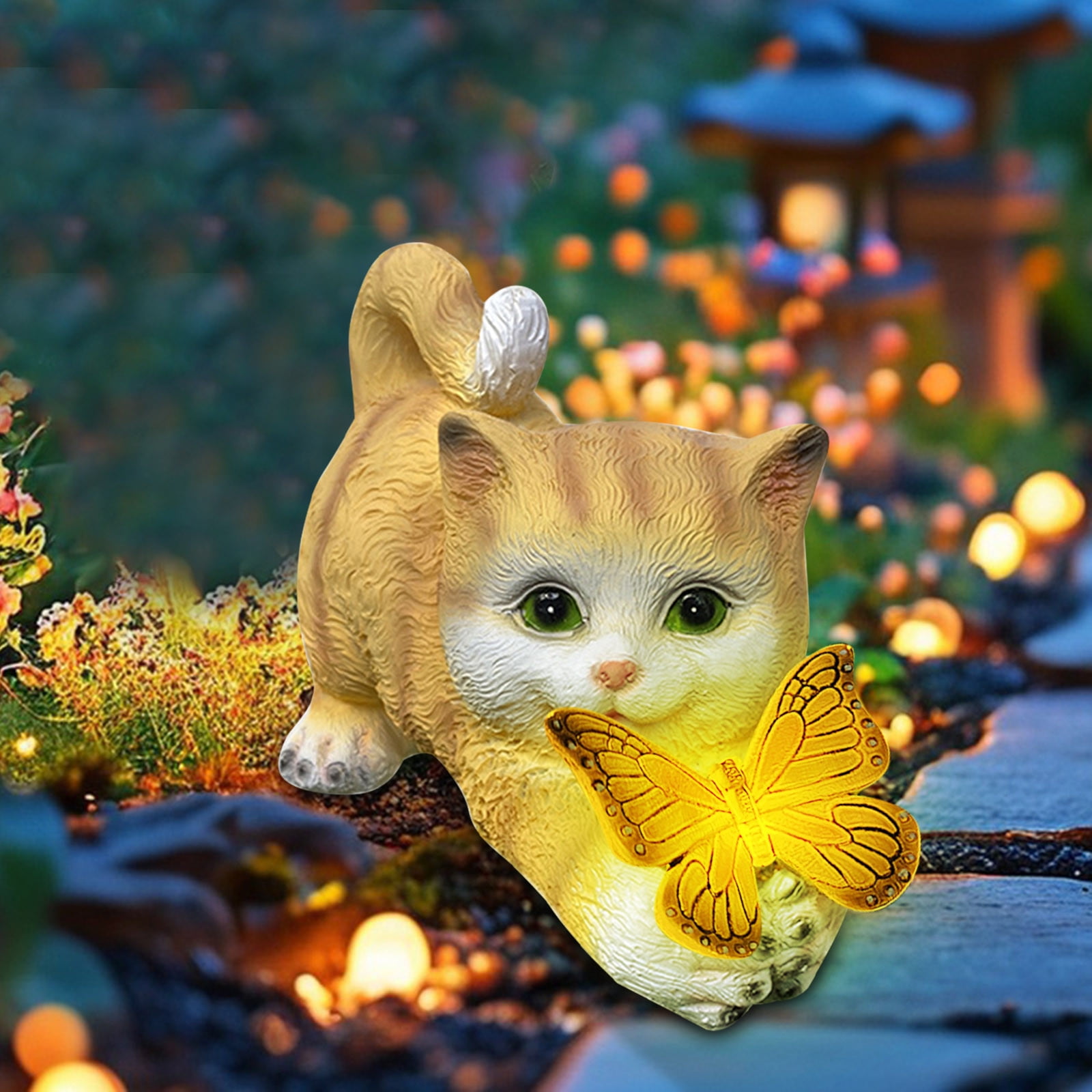 Garden Statue, Zzbeans Solar Cat Sculpture with Bright Butterflys, Resin Outdoor Decor for Patio Lawns Weather Resistant Night Light, Yellow