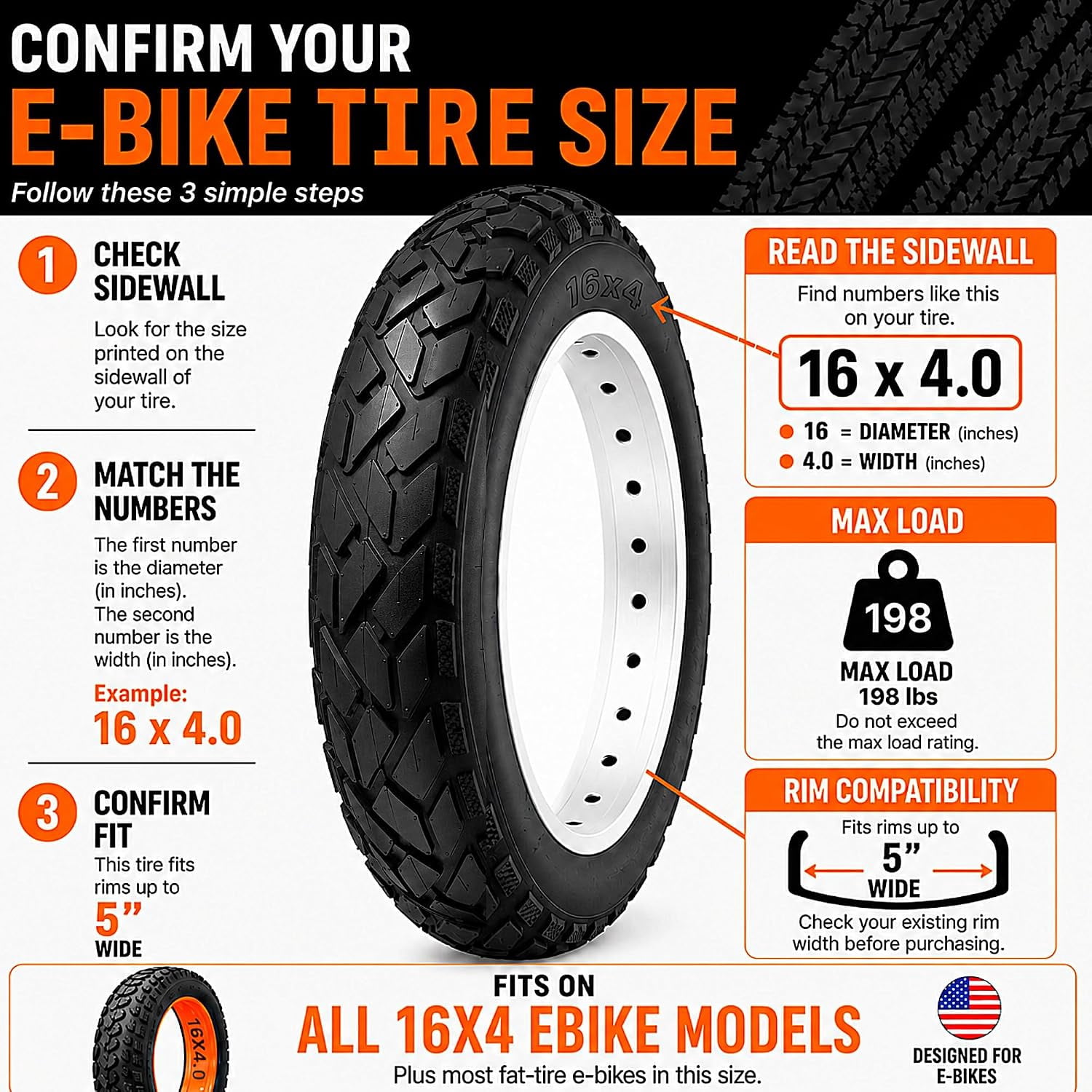 16x4.0 Fat E-Bike Tire Kit with Schrader Tubes, Heavy Duty Puncture Resistant All-Terrain Fat Bike 2 Tires + 2 Tubes